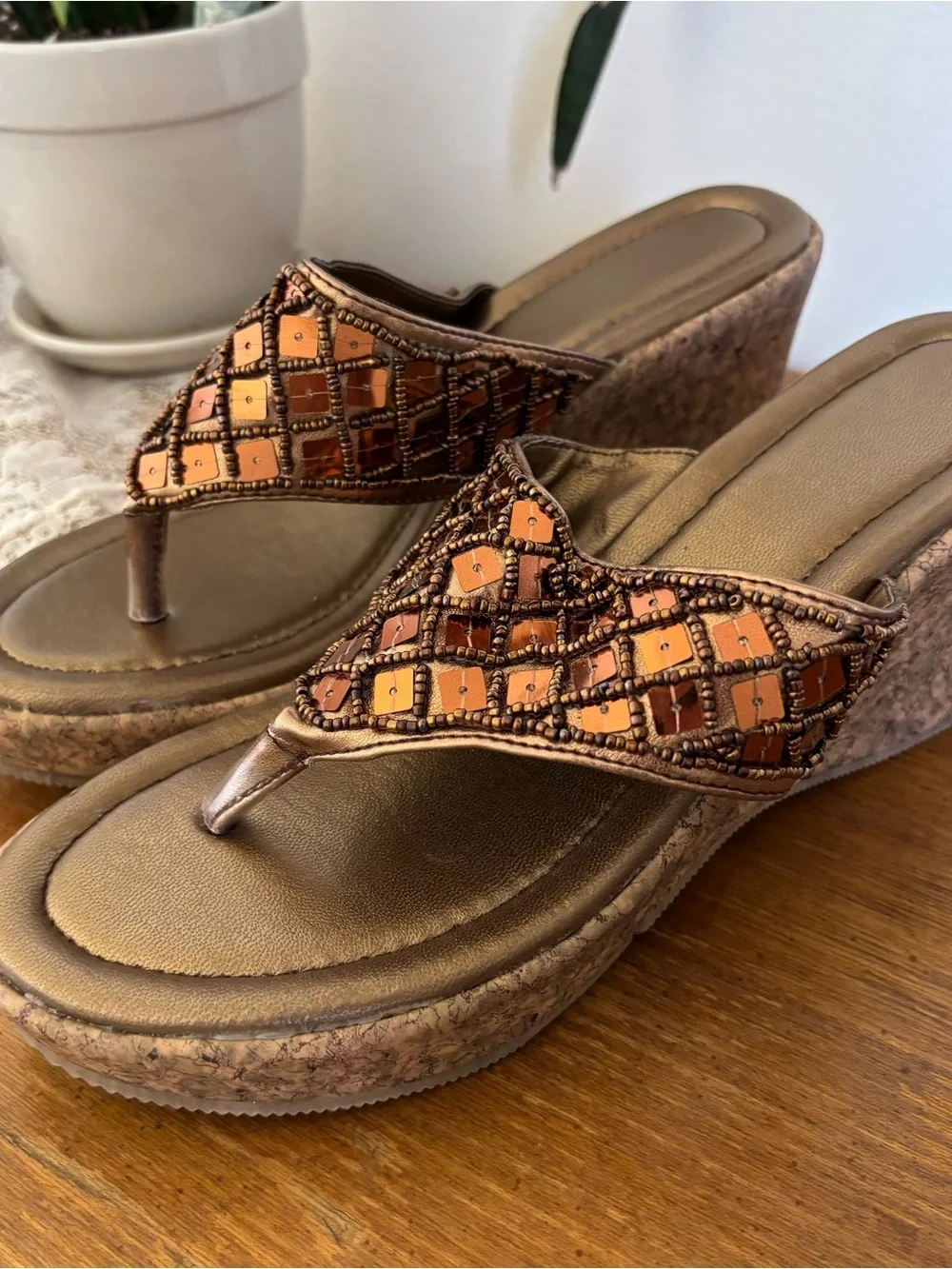 Copper and Bronze Beaded Wedge Thong Sandals